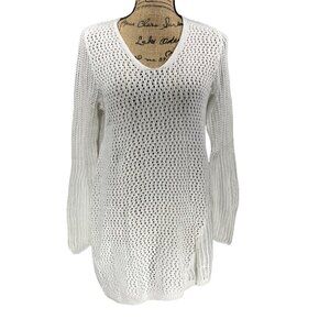 Retro-ology Open Weave Mixed Knit Crochet Sweater White Size Medium